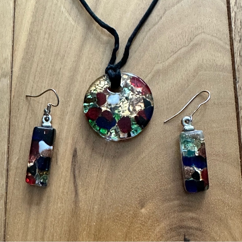Vintage Vetro Di Murano Glass Pendant and Earrings Set Made in Italy